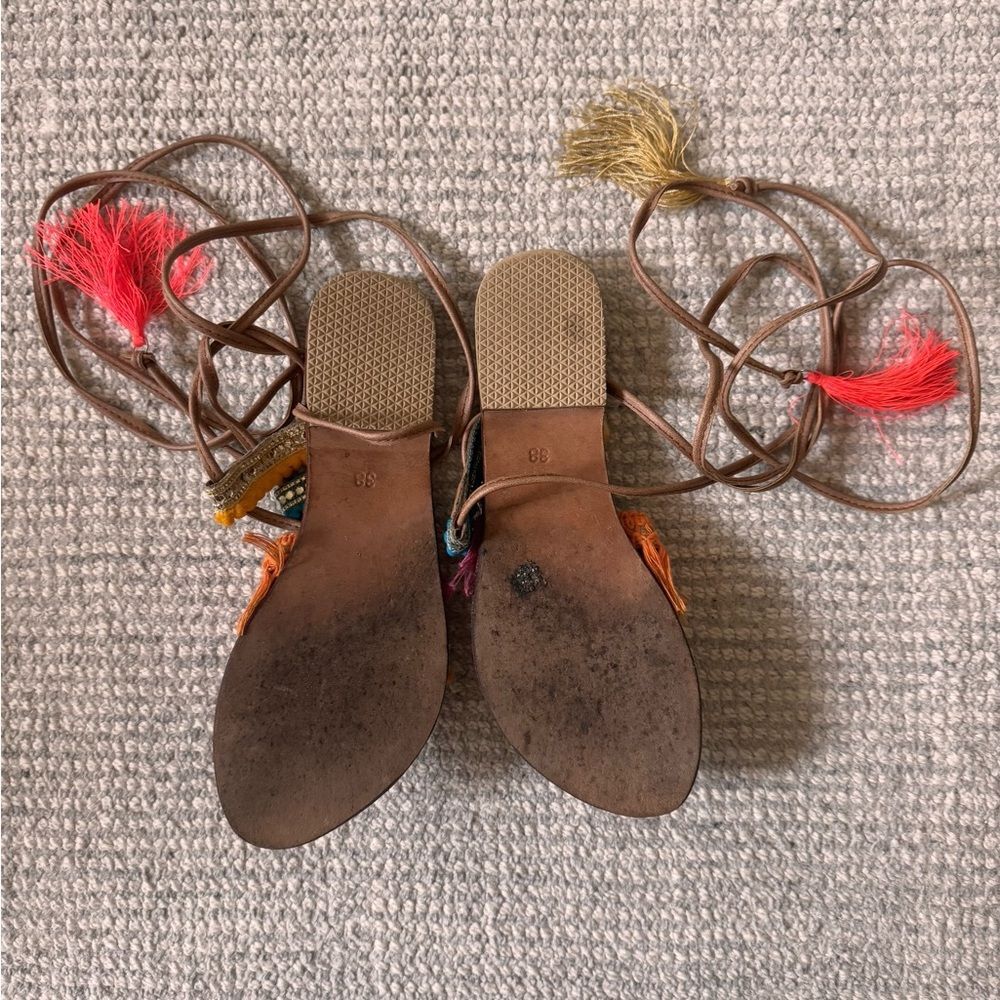 Greek Bohemian Embroidered Leather Sandals with Pom Poms & Tassels - 38 (US 7) - Picture 4 of 4